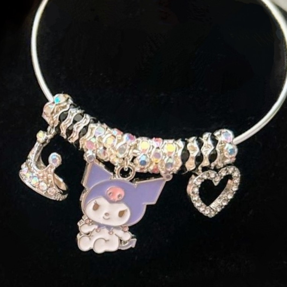 Sanrio  Kuromi Silver Bracelet with Crown, Heart, and AB Rhinestone Charms